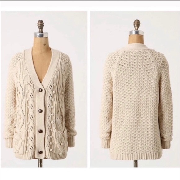 Anthropologie Sweaters - Anthro Moth Cream Pom Pom Long Boyfriend Cardigan